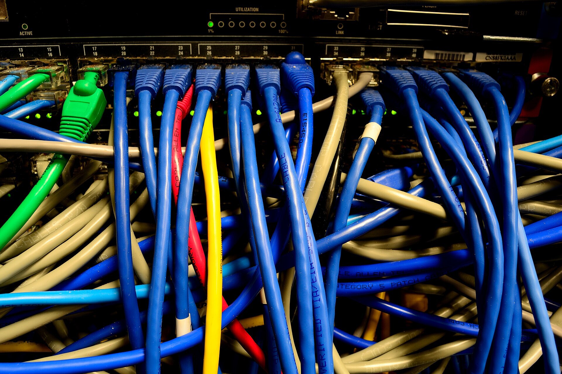 Ethernet switch՝ պորտերում միացված գունավոր patch cord-երի շարքերով – Լուսանկարը՝ Raysonho / Wikimedia Commons, CC0